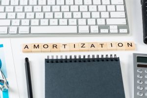 Amortization in accounting concept on a business desk.